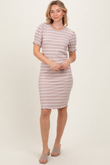 Taupe Striped Short Sleeve T-Shirt Dress