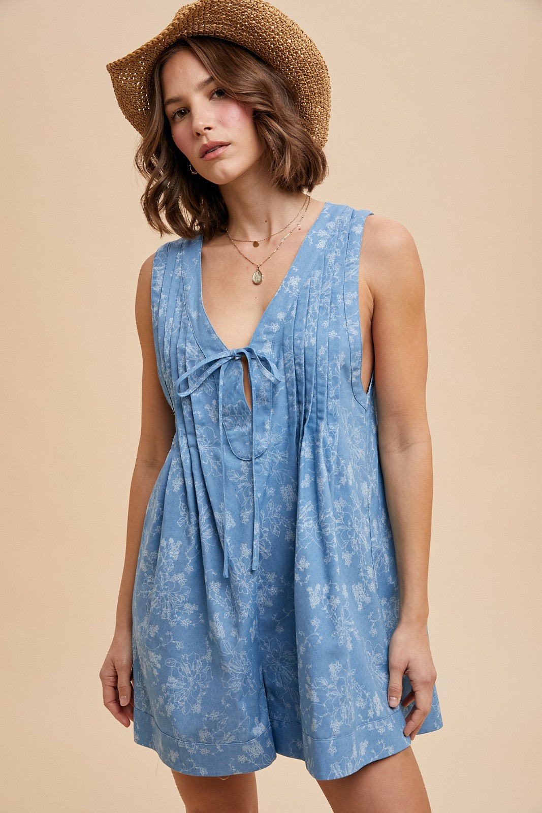 Light Blue Floral Chambray Pleat Front Romper