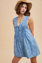 Light Blue Floral Chambray Pleat Front Romper