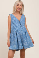 Light Blue Floral Chambray Pleat Front Maternity Romper