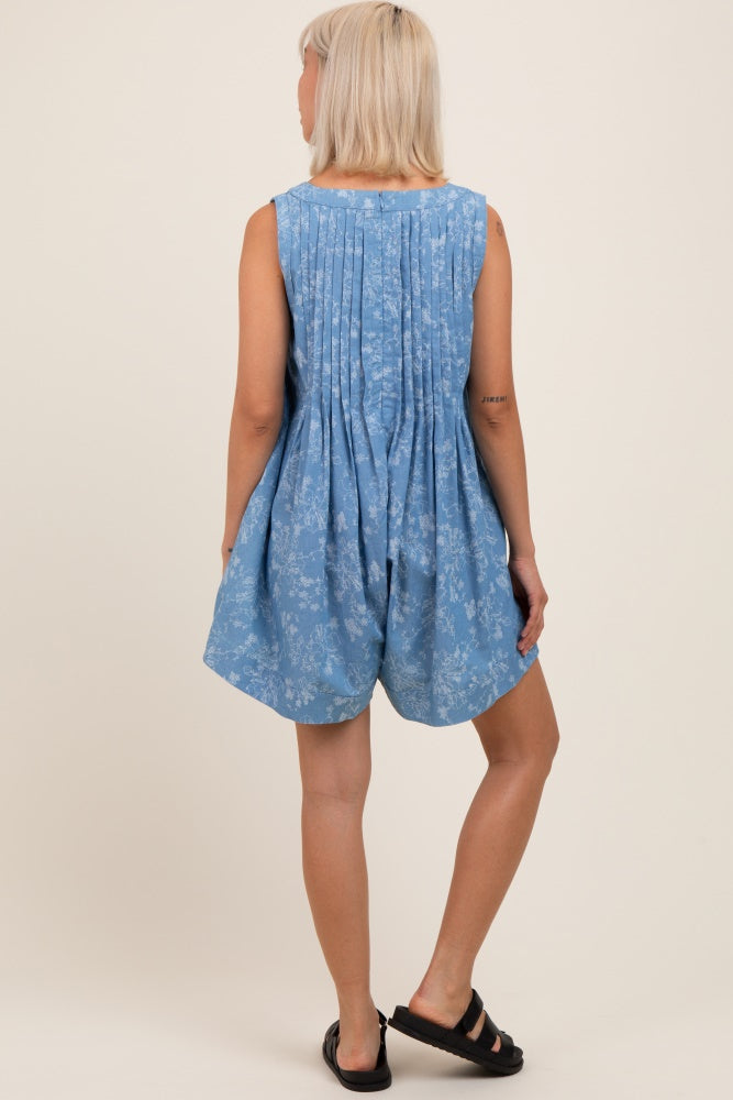 Light Blue Floral Chambray Pleat Front Maternity Romper