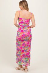 Pink Multi-Color Floral Mesh Ruched Sleeveless Maxi Dress