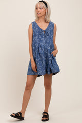 Navy Blue Floral Chambray Pleat Front Maternity Romper