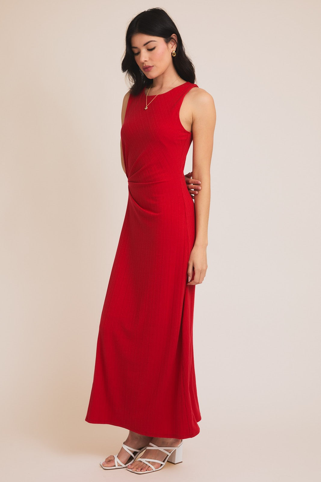 Red Gathered Waist Sleeveless Maxi Dress