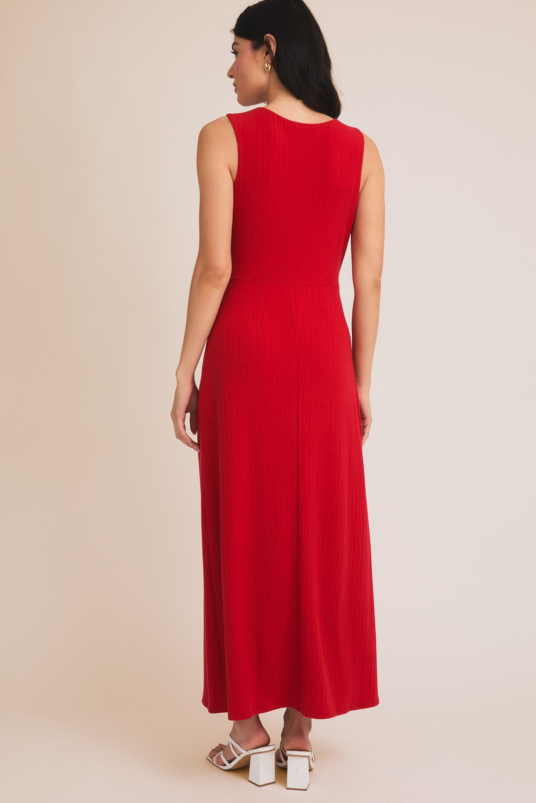 Red Gathered Waist Sleeveless Maxi Dress