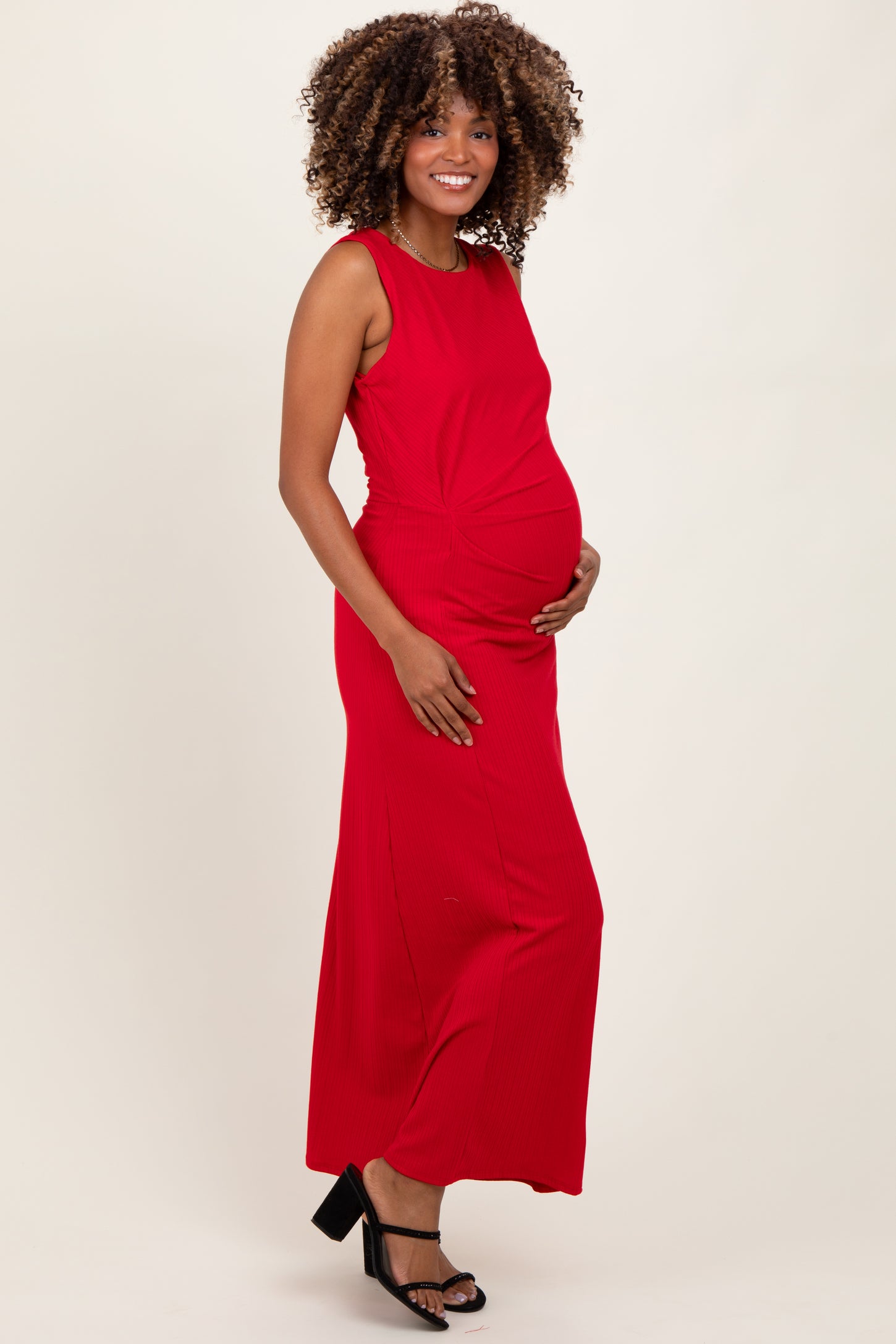 Red Gathered Waist Sleeveless Maternity Maxi Dress