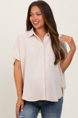 Beige Solid Collared Button-Up Maternity Top