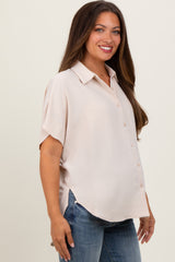 Beige Solid Collared Button-Up Maternity Top