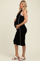Black Ribbed Knit Contrast Detail Maternity Midi Dress