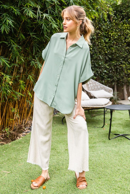 Sage Solid Collared Button-Up Top
