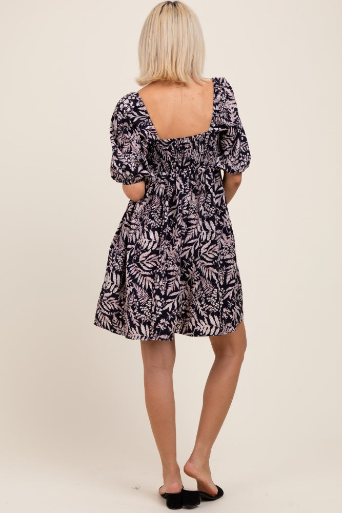 Navy Floral Puff Sleeve Maternity Dress