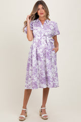 Lavender Floral Print Belted Maternity Midi Dress