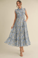 Blue Floral Print Chiffon Tiered Maxi Dress