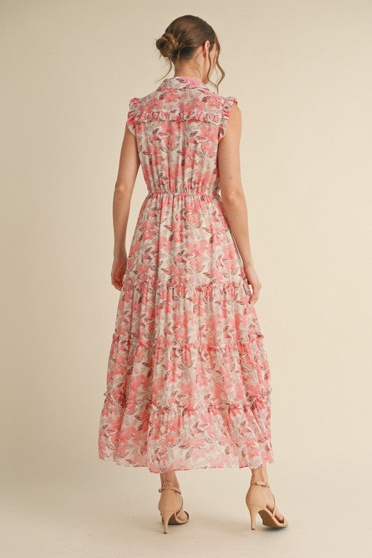 Pink Floral Print Chiffon Tiered Maxi Dress