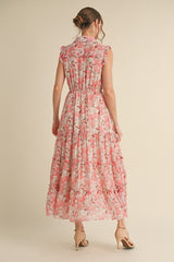 Pink Floral Print Chiffon Tiered Maxi Dress