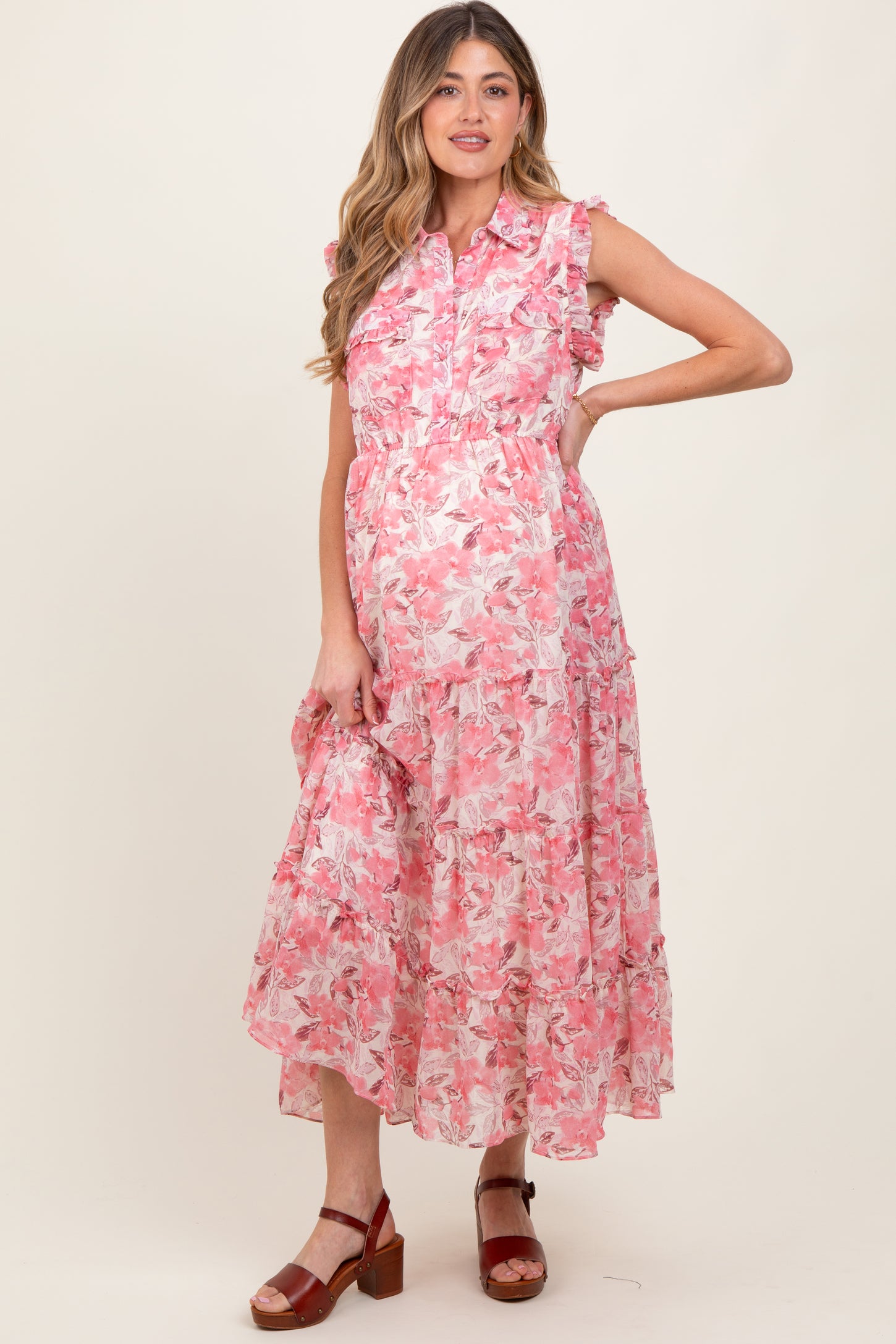 Pink Floral Print Chiffon Tiered Maternity Maxi Dress
