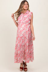 Pink Floral Print Chiffon Tiered Maternity Maxi Dress