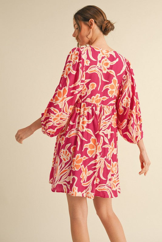 Fuchsia Print 3/4 Balloon Sleeve Dress