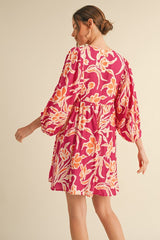Fuchsia Print 3/4 Balloon Sleeve Dress