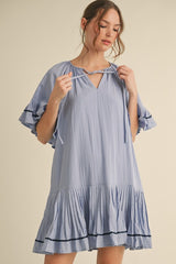 Light Blue Solid Short Sleeve Pocketed Dress