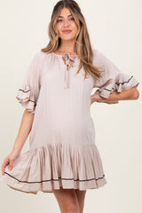 Beige Solid Short Sleeve Pocketed Maternity Dress
