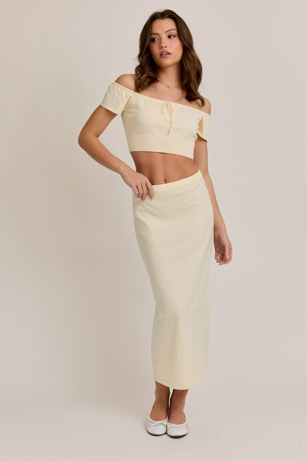 Cream Knit Off Shoulder Crop Top Maxi Skirt Maternity Set