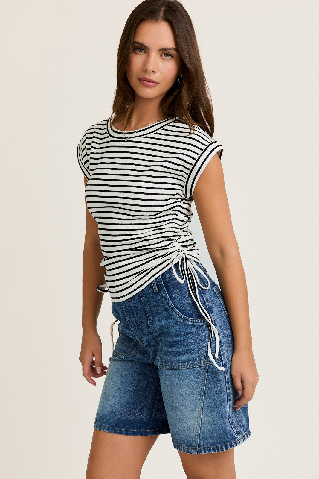 White Striped Ruched Side Tie Top