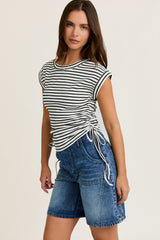 White Striped Ruched Side Tie Maternity Top