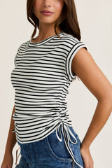 White Striped Ruched Side Tie Top