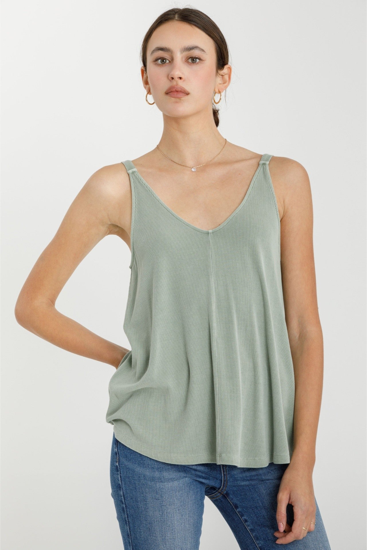 Light Olive Ribbed V-Neck Flowy Maternity Tank
