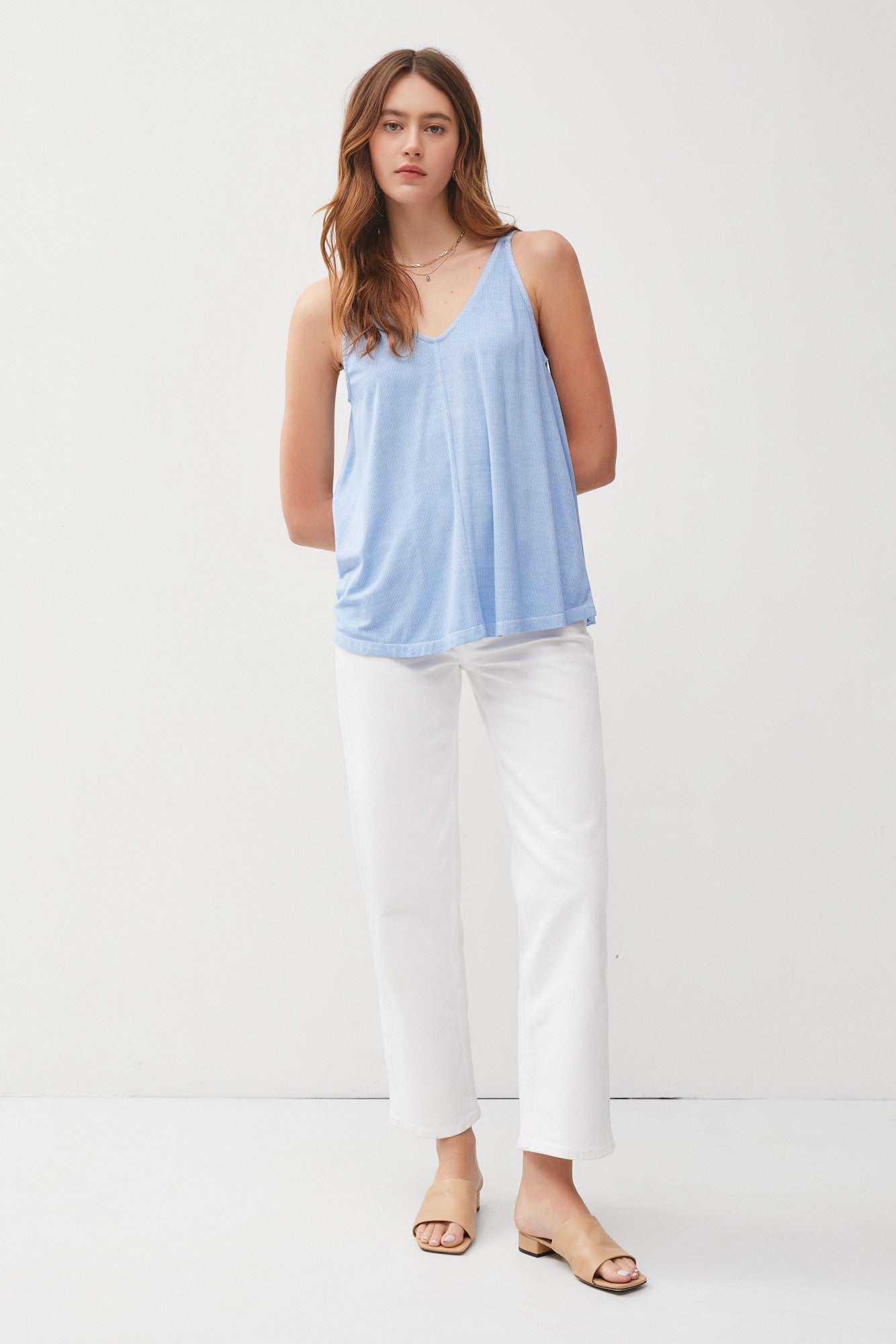Light Blue Ribbed V-Neck Flowy Maternity Tank