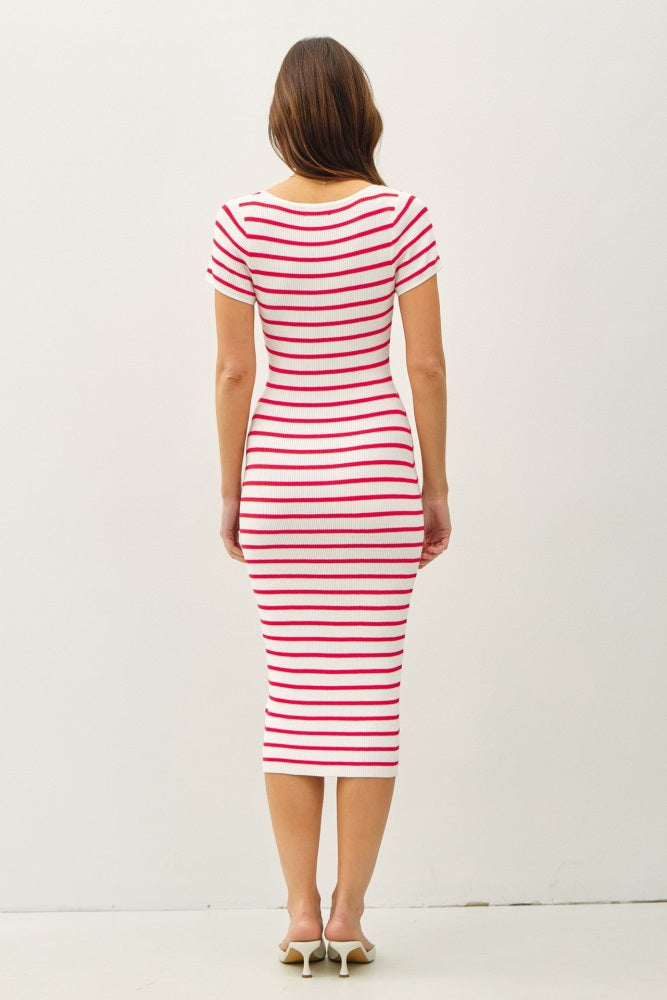 Red Striped Square Neck Short Sleeve Midi Dress