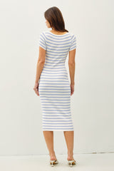 Blue Striped Square Neck Short Sleeve Midi Dress