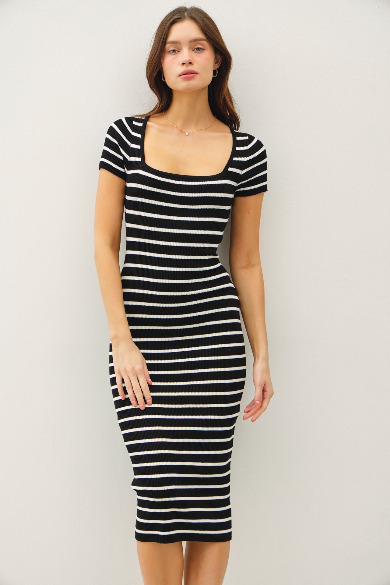 Black Striped Square Neck Short Sleeve Midi Dress