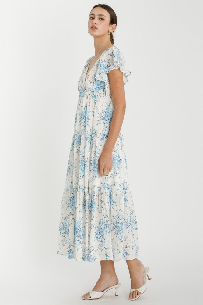 Light Blue Floral Flutter Sleeve Tiered Maxi Dress