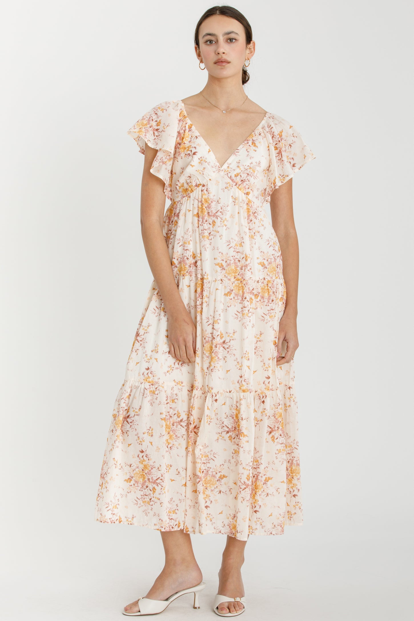 Peach Floral Flutter Sleeve Tiered Maternity Maxi Dress