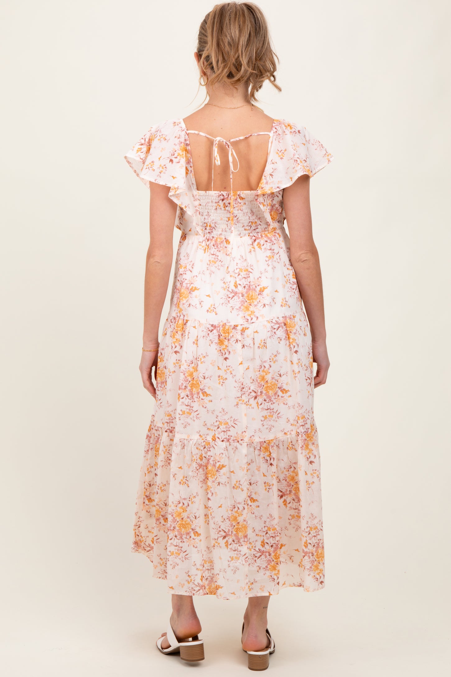 Peach Floral Flutter Sleeve Tiered Maternity Maxi Dress