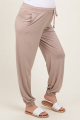 Beige Drawstring Maternity Jogger Pants
