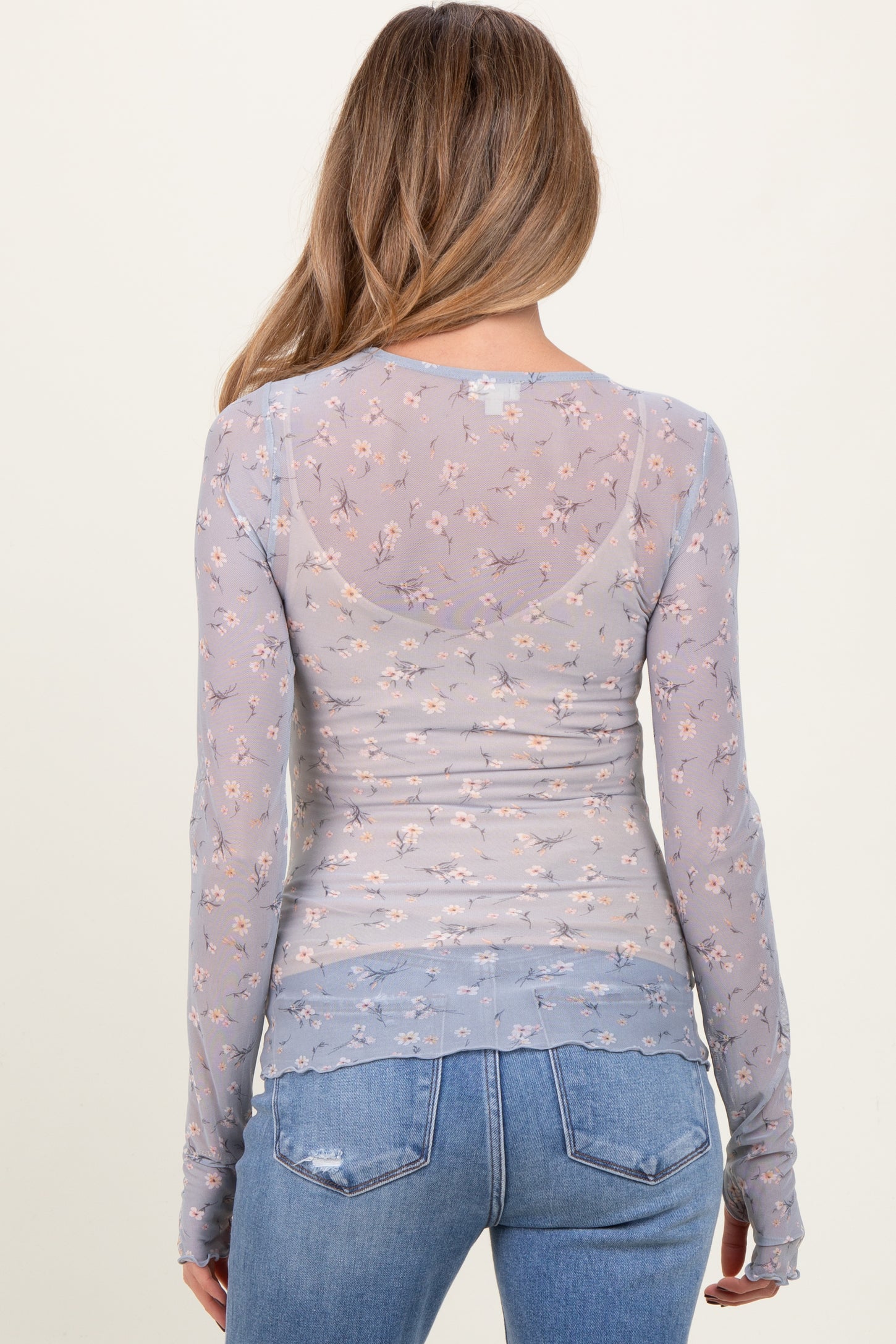 Light Blue Ditsy Floral Print Mesh Cabbage Hem Maternity Top