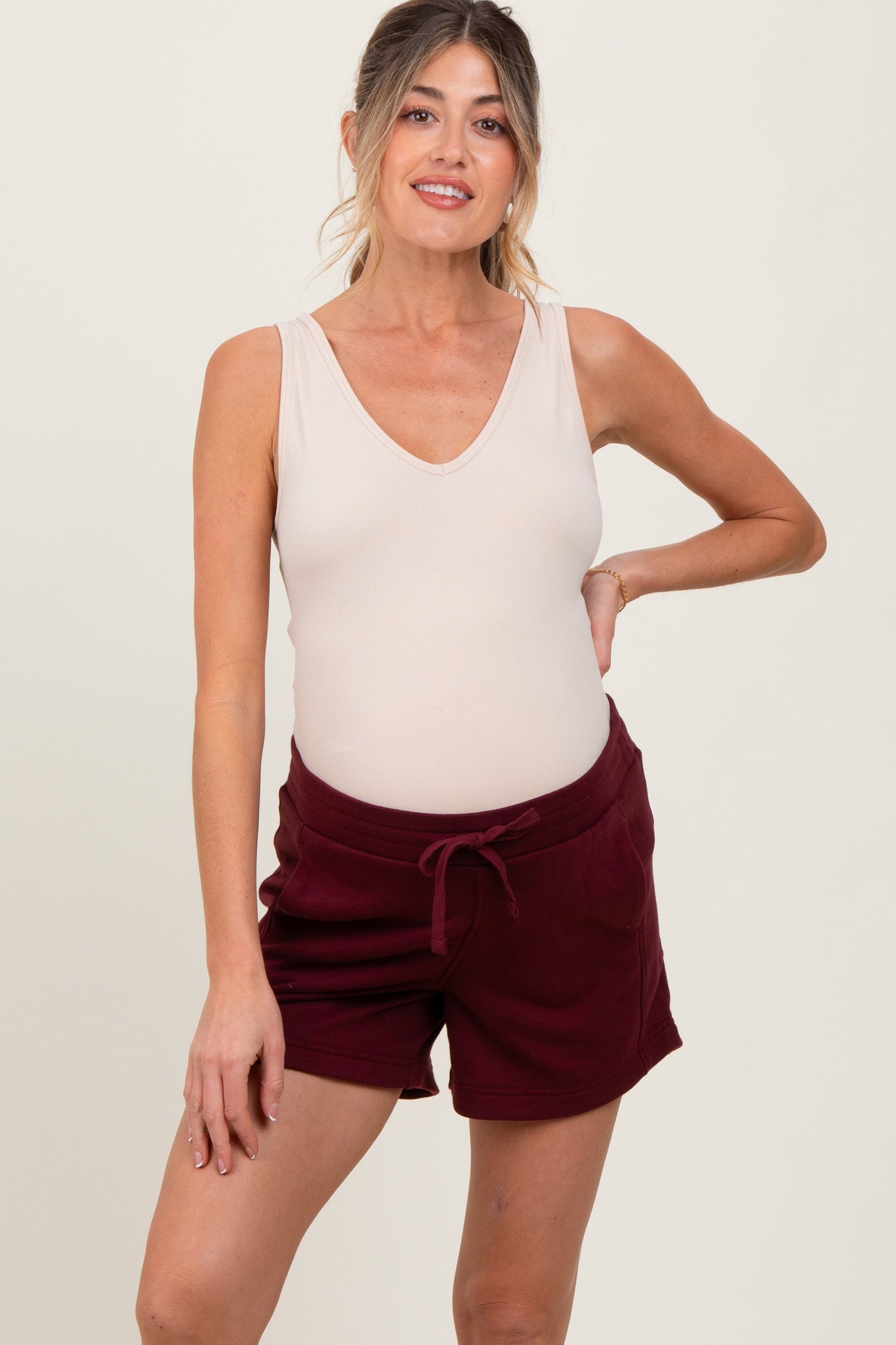 Burgundy Terry Maternity Shorts