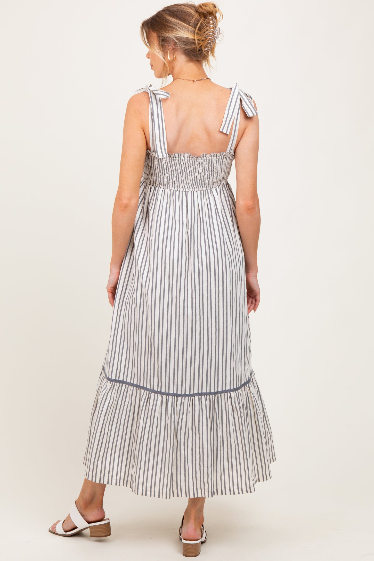 Charcoal Striped Bow-Tie Maternity Maxi Dress
