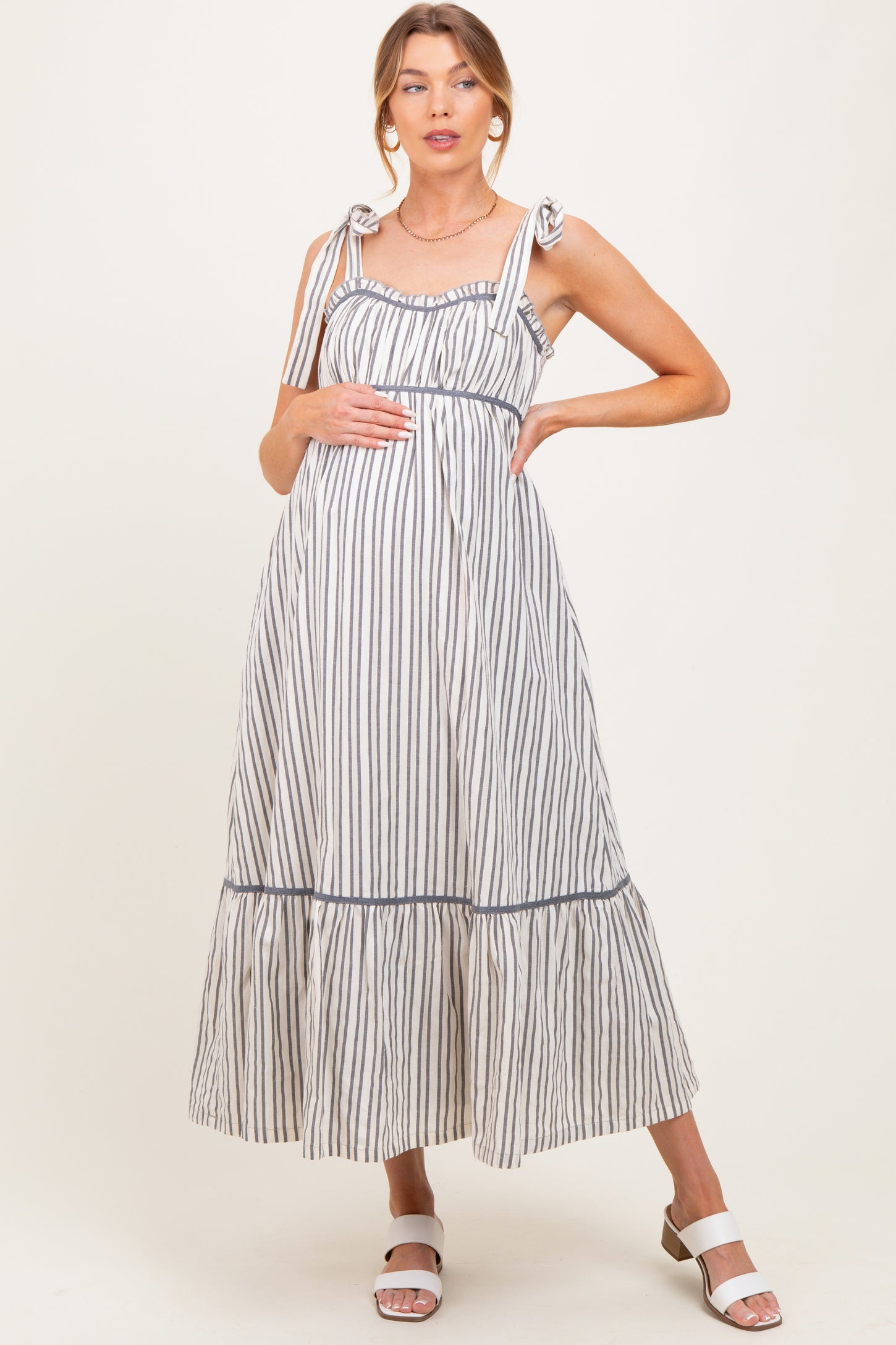 Charcoal Striped Bow-Tie Maternity Maxi Dress
