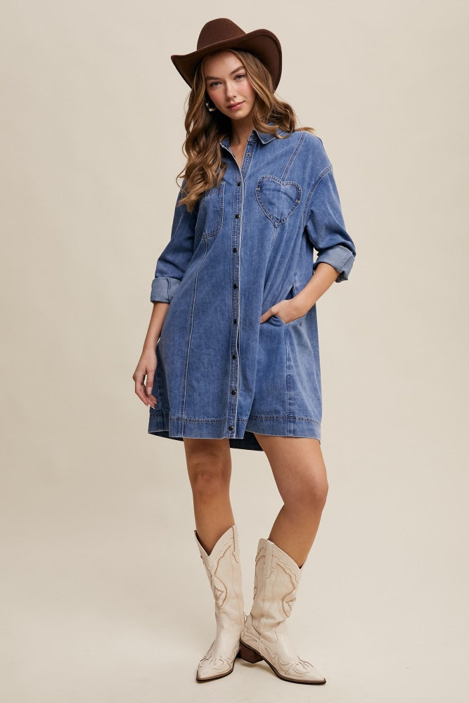 Blue Denim Heart-Pocket Shirt Dress