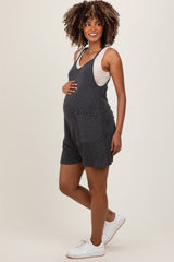 Black Solid Ribbed V-Neck Sleeveless Front Pocket Maternity Romper