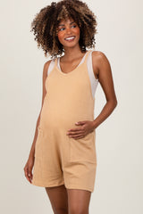 Gold Solid Ribbed V-Neck Sleeveless Front Pocket Maternity Romper