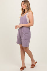 Purple Solid Ribbed V-Neck Sleeveless Front Pocket Romper