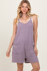 Purple Solid Ribbed V-Neck Sleeveless Front Pocket Romper
