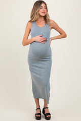 Teal Solid Ribbed Sleeveless Slit Maternity Maxi Dress