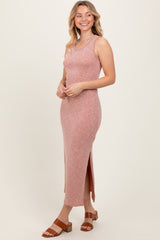 Peach Solid Ribbed Sleeveless Slit Maxi Dress