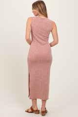 Peach Solid Ribbed Sleeveless Slit Maxi Dress